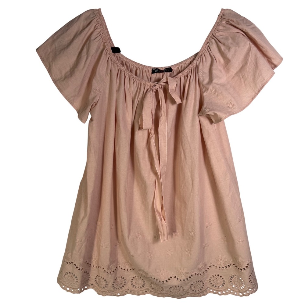 Vision USA Peach Pink Eyelet Peasant Top XL Floral Embroidery Tie Front T2821